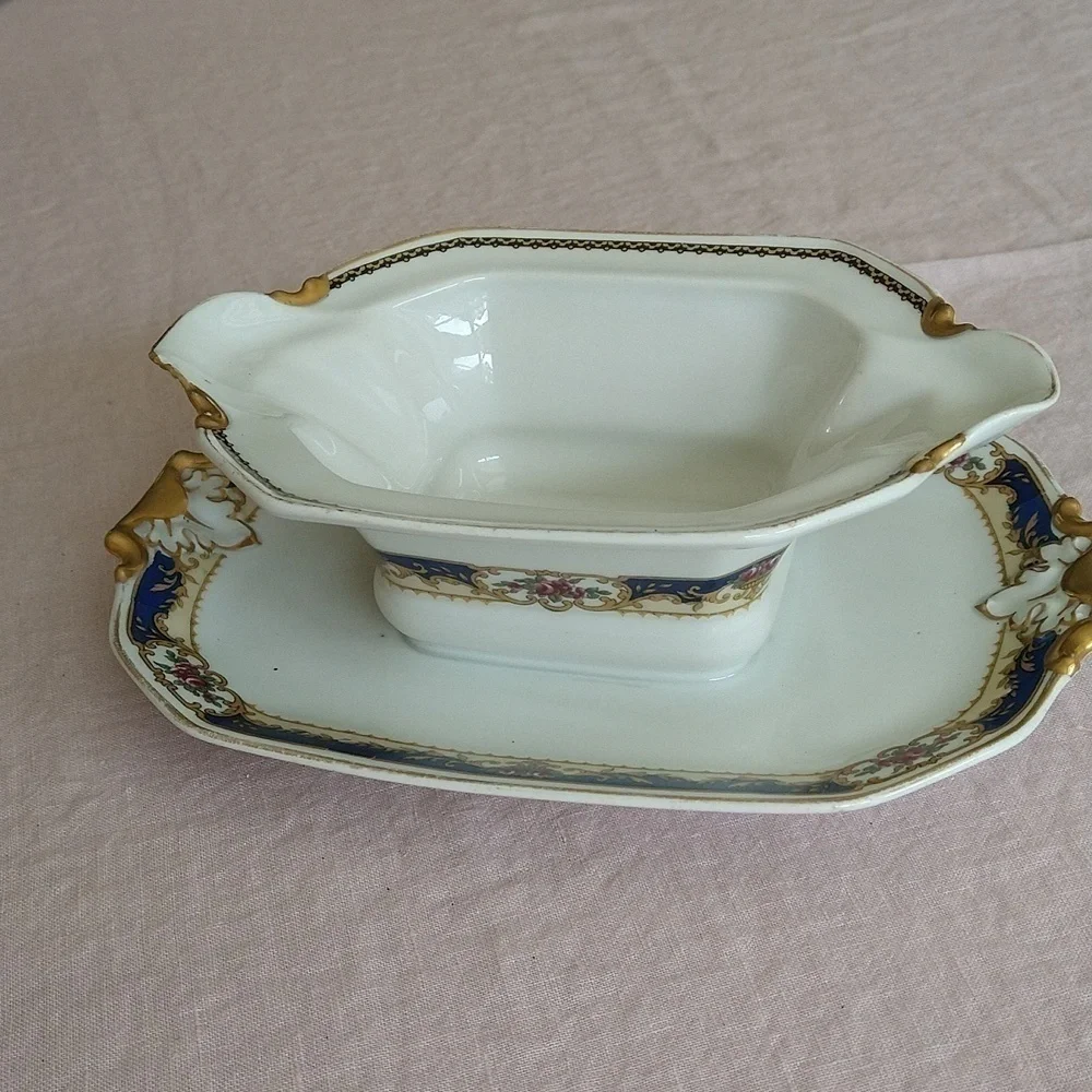 Antique Limoges porcelain navy white gold hand painted gravy boat tray la cloche